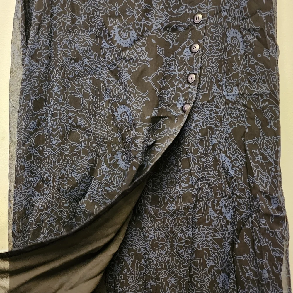 Vintage Revue Black Rayon Midi Skirt Button Down Front Slit 90s Whimsigoth Size